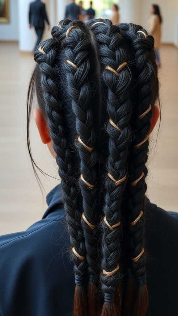 A close-up view of knotless braids with curly ends, showcasing a stylish hairstyle.