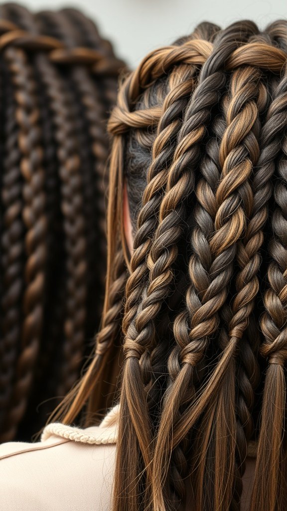 A close-up view of intricate knotless braids styled with twists and curls.