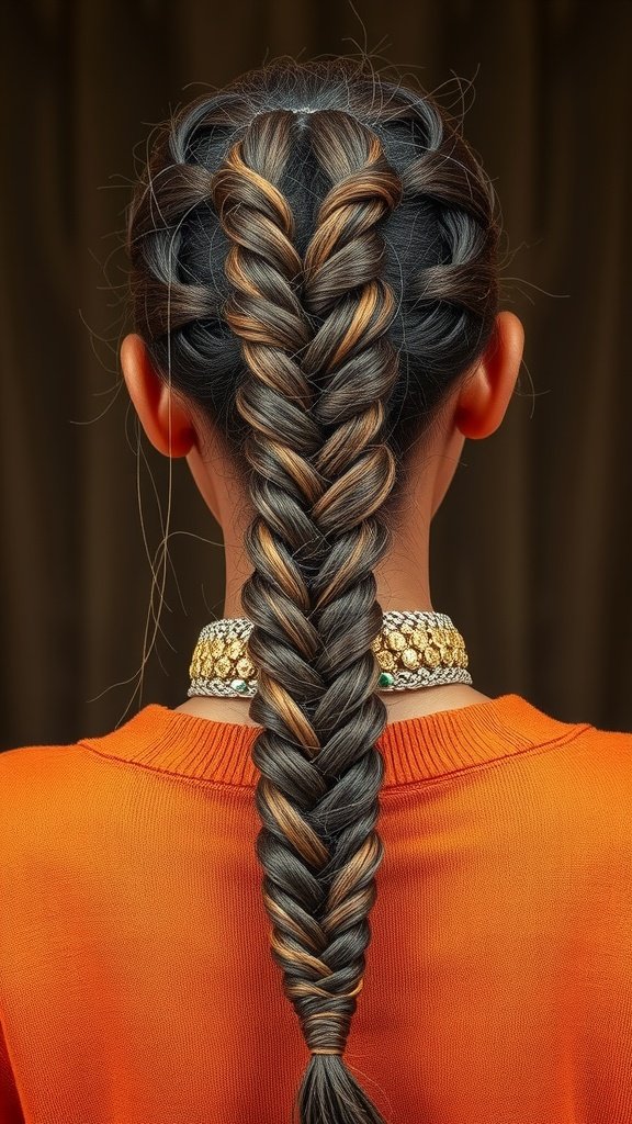 A close-up view of a stylish knotless braid with highlights, showcasing a unique twist and turn design.