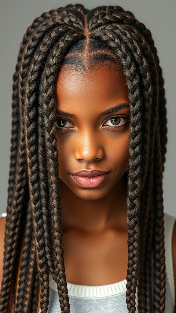A close-up of a person with knotless braids styled with twist braids, showcasing neat and stylish hair.