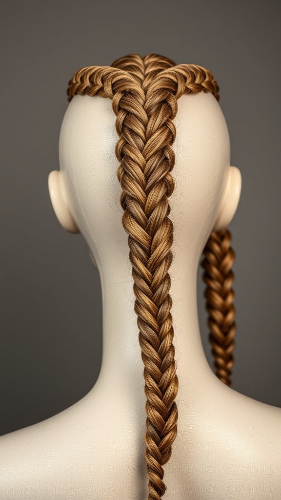 A mannequin showcasing a creative style of knotless braids, featuring intricate patterns and a sleek finish.