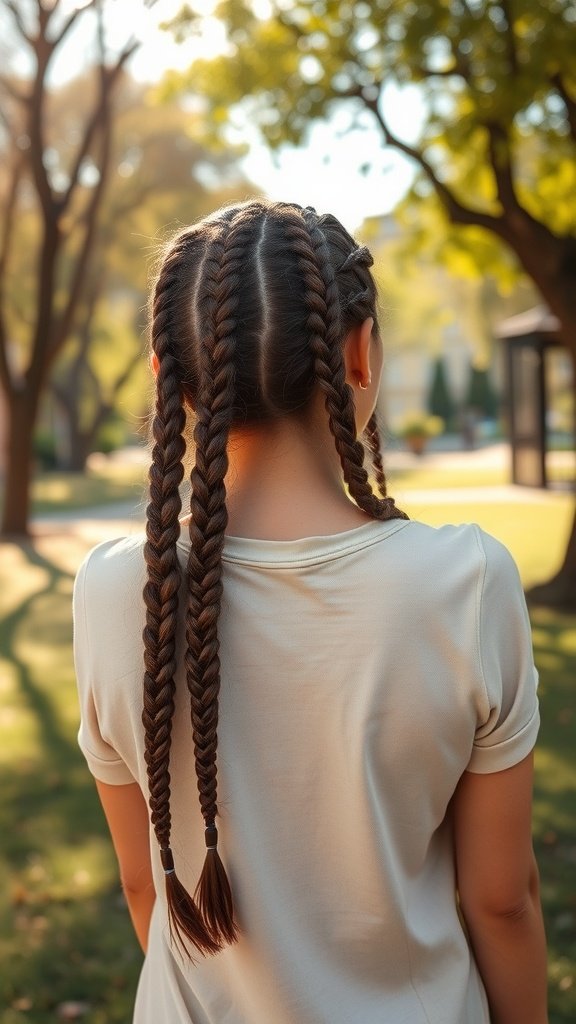 A woman with knotless braids styled with twists at the ends, standing in a park.
