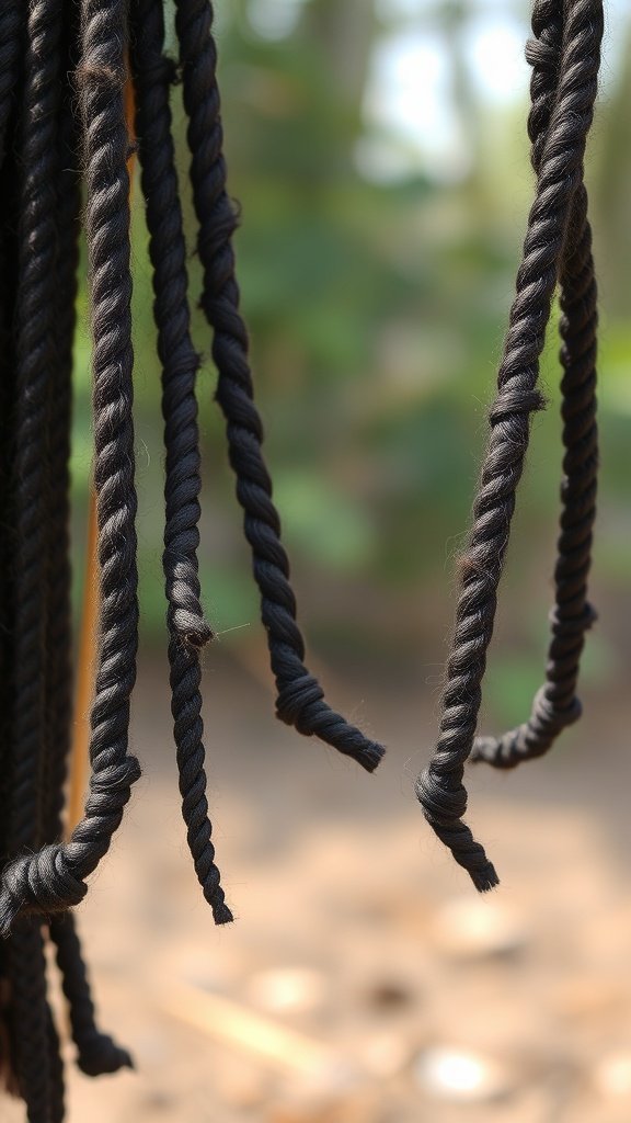 Twisted knotless braids hanging in nature