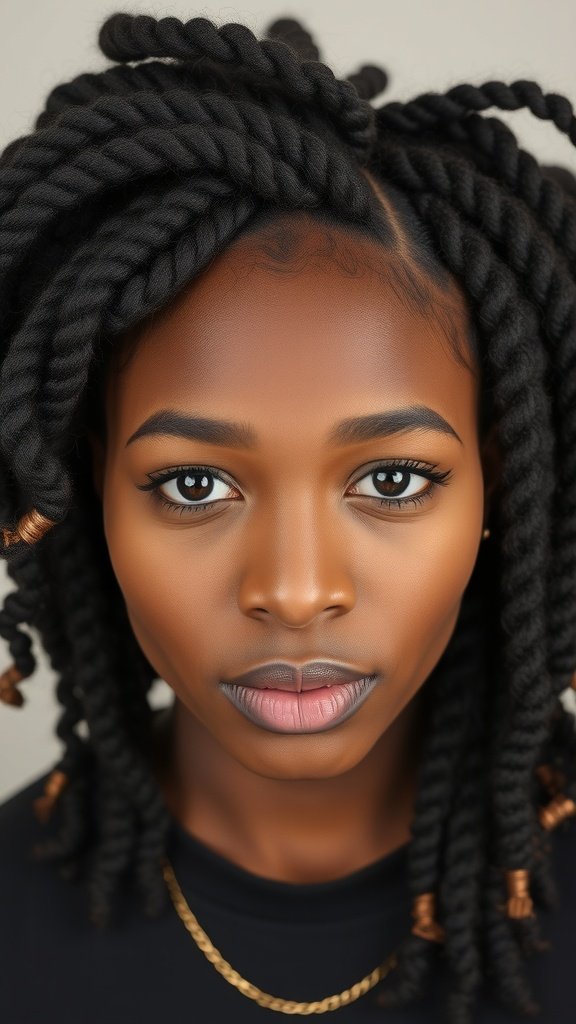 A close-up of a person with knotless braids styled in a twist out, showcasing texture and volume.