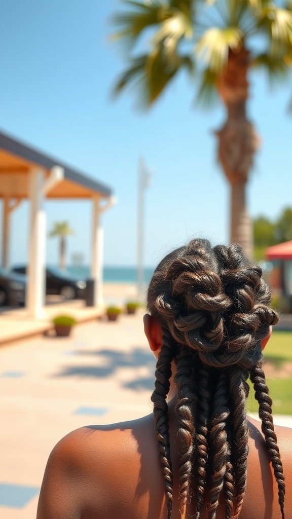A person with stylish knotless braids styled in a twist out, set against a sunny outdoor background.