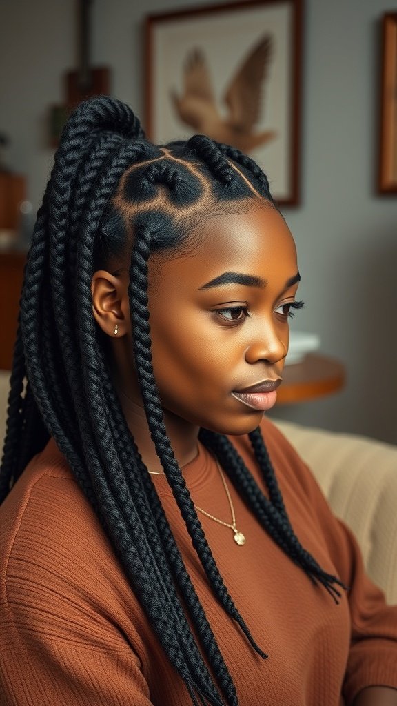 A woman with knotless braids styled with a twist out, showcasing a chic and protective hairstyle.