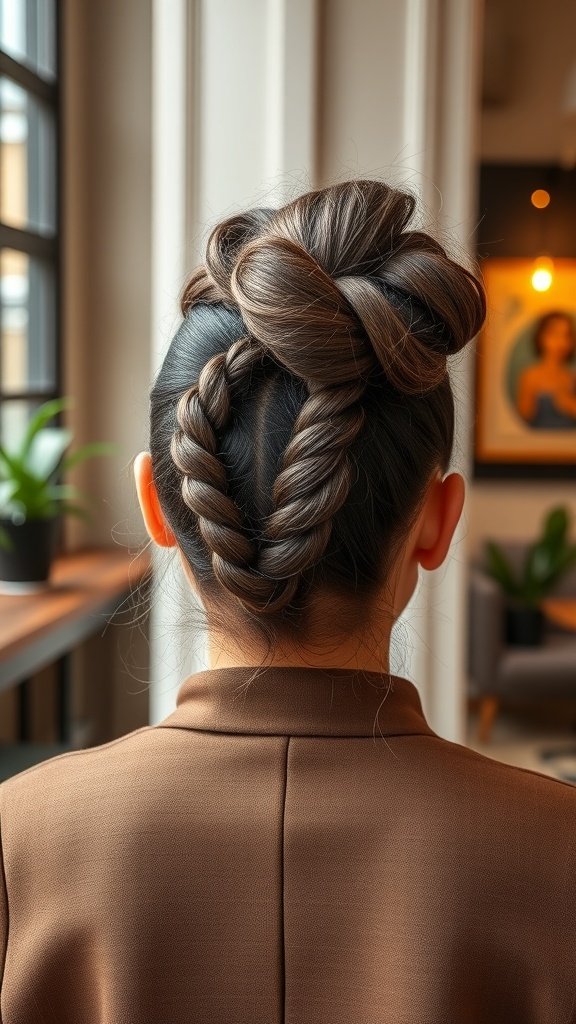 A stylish twisted bun created with knotless braids, showcasing a neat and elegant hairstyle.