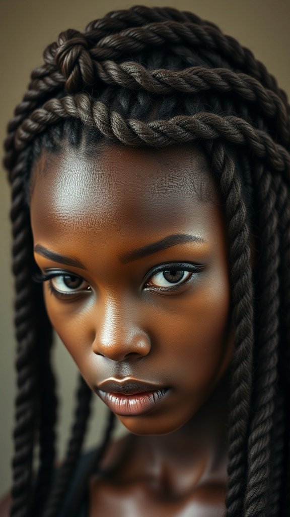 A close-up of a woman with knotless braids styled in a twisted crown, showcasing a beautiful and elegant hairstyle.
