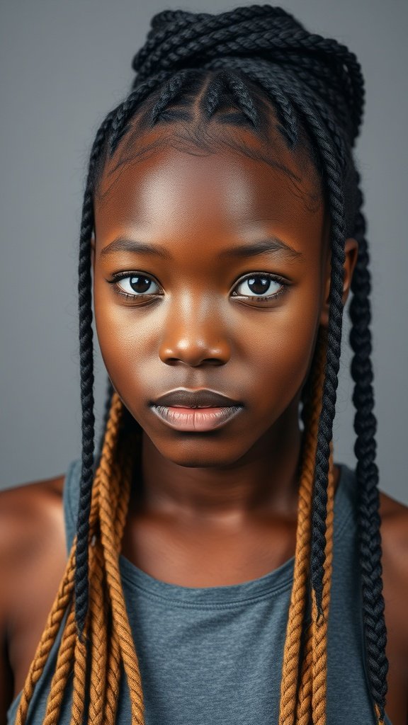 A close-up of a young girl with knotless braids featuring a unique parting, showcasing a mix of black and brown colors.