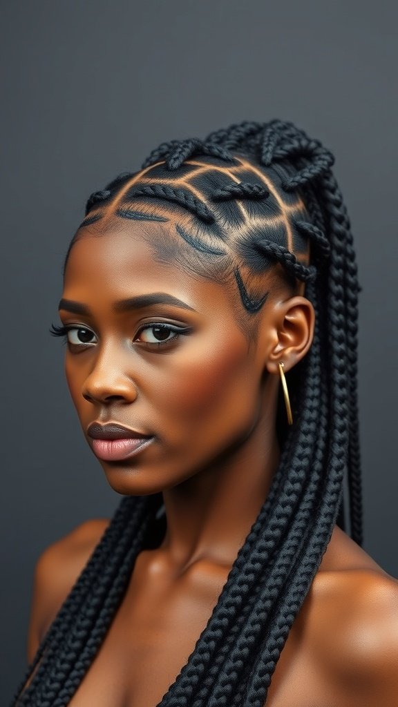 A woman with unique knotless braids styled in an intricate pattern.