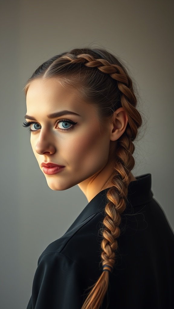 A woman with a single elegant braid styled in a vintage fashion, showcasing knotless braids.
