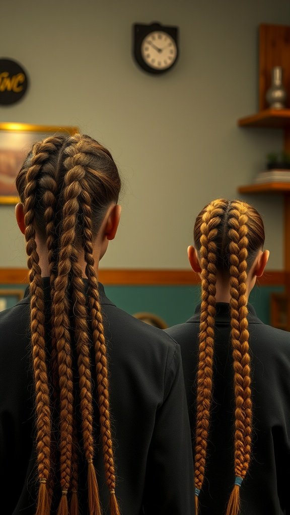 Two individuals with knotless braids styled in a vintage flair, showcasing a blend of colors and neat sections.