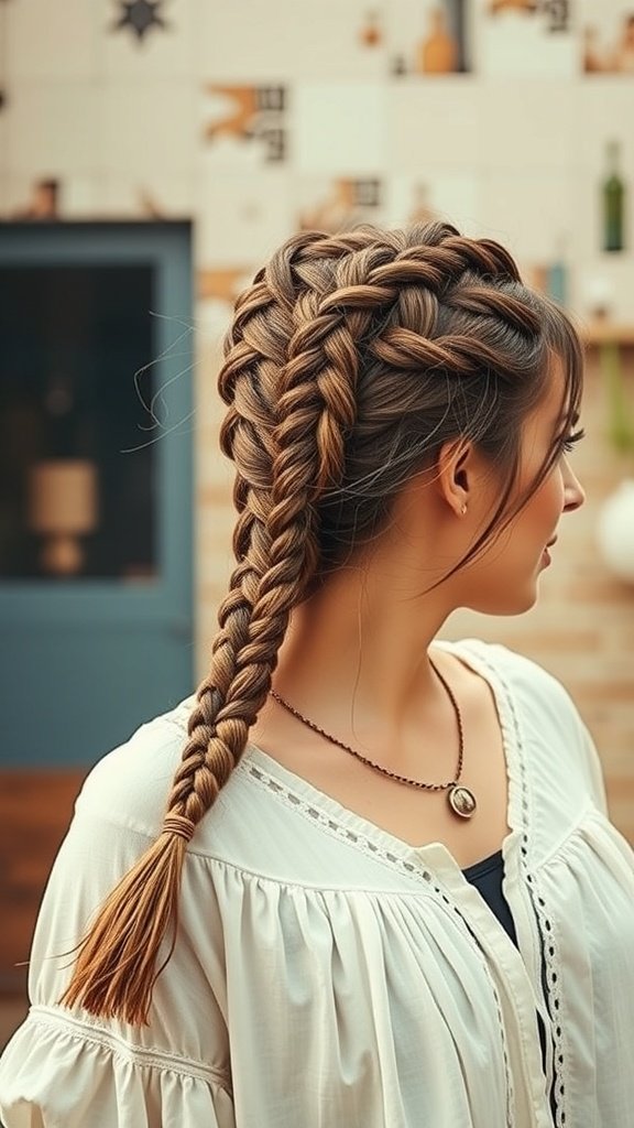 A woman with a stylish knotless braid hairstyle, showcasing a vintage flair.