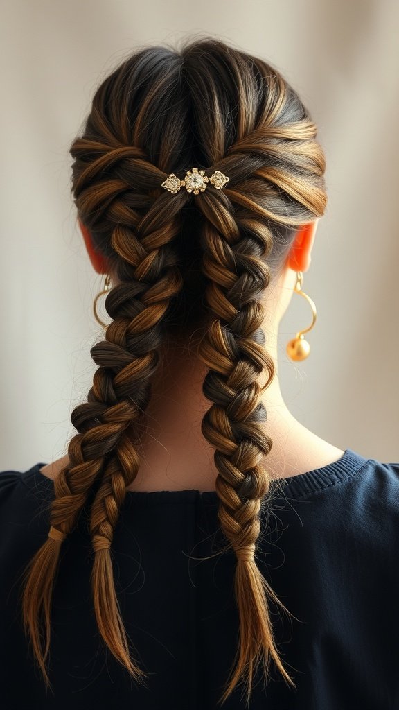 Knotless braids styled with a vintage hairpin.