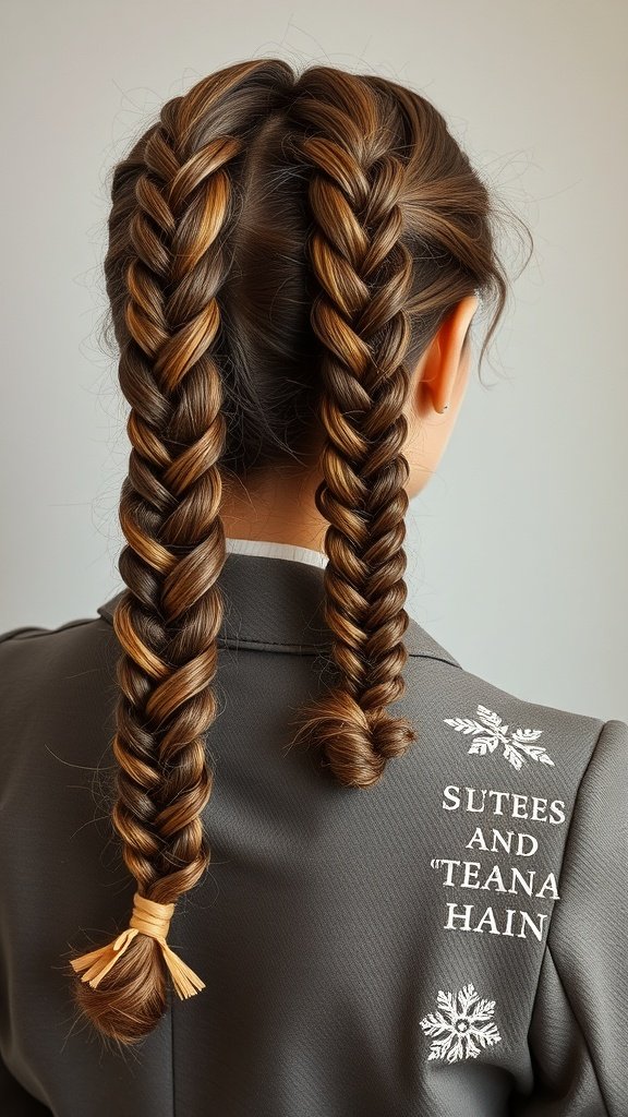A close-up view of two vintage-style knotless braids, showcasing a neat and playful appearance.