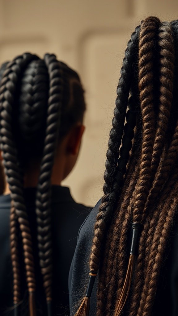 Two individuals showcasing knotless braids with a vintage twist, featuring a mix of textures and colors.