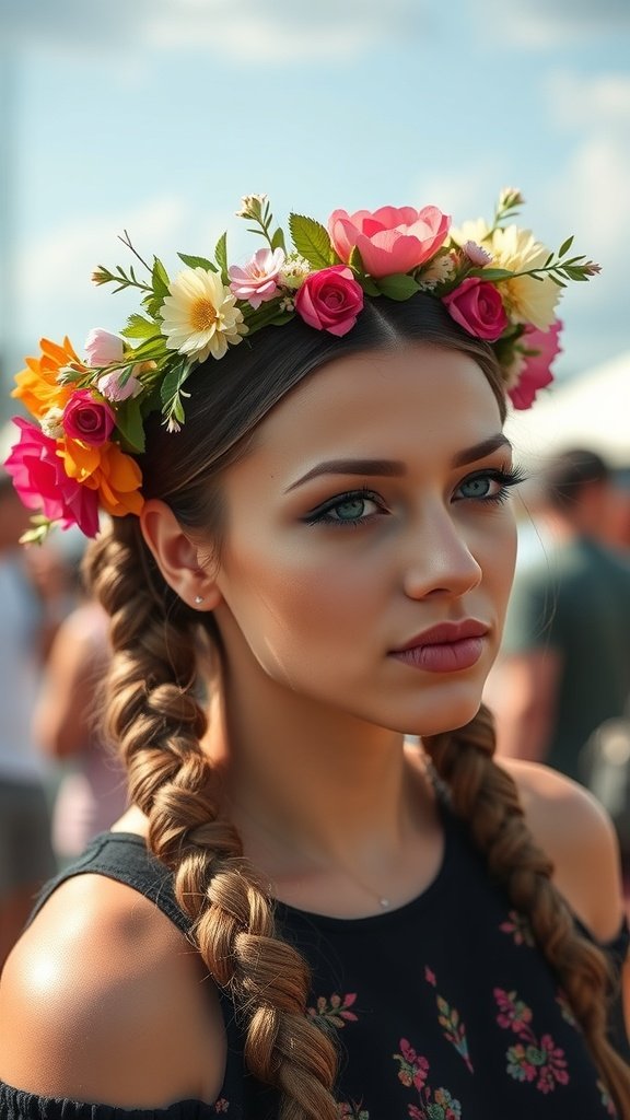 A woman with knotless braids adorned with a colorful wildflower crown, showcasing a boho style.