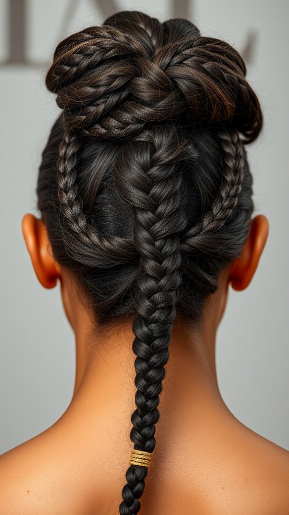 A woman showcasing a stylish knotless braid hairstyle with a wrap around bun and intricate braiding.