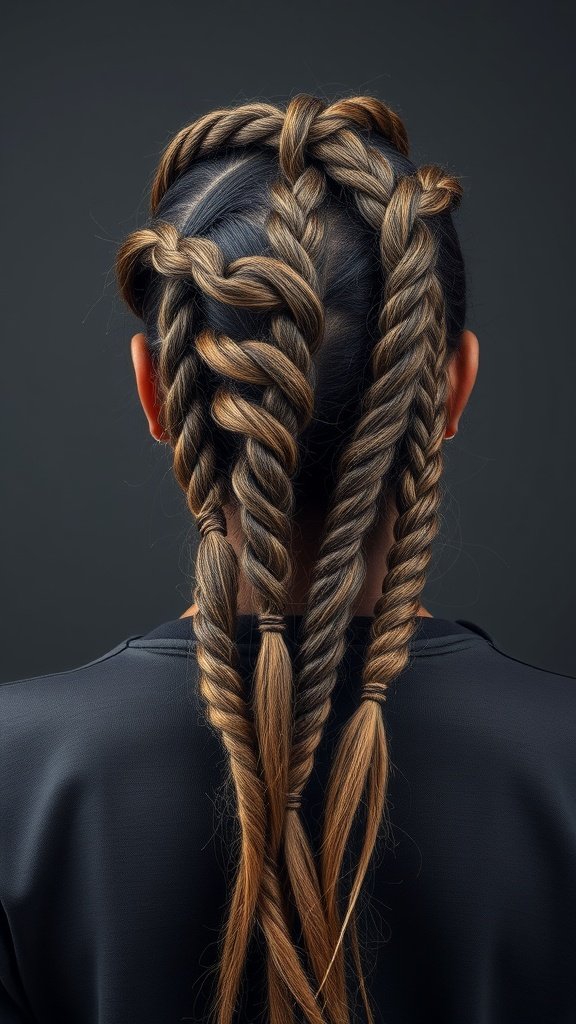 A close-up view of a person's back with knotless braids styled in a zigzag part.