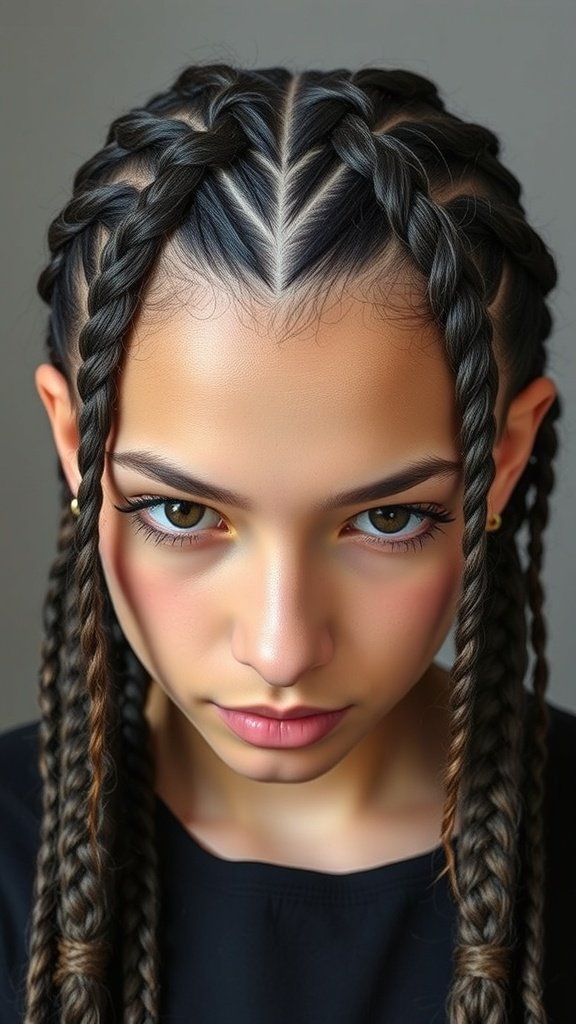 A close-up of a young person with knotless braids styled in a zigzag part.