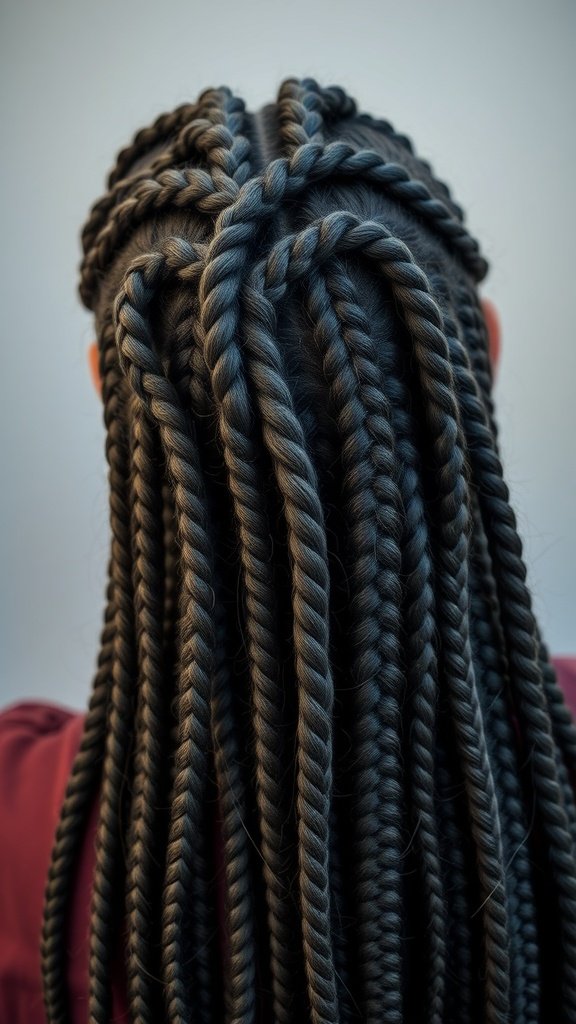 Knotless braids styled with a zigzag part, showcasing a unique and playful hair design.