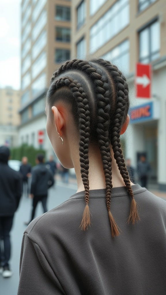 A person with knotless braids styled in a zigzag part, showcasing a trendy and unique hairstyle.