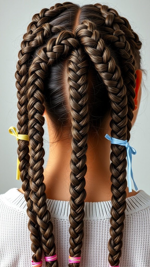 A close-up view of a person's back with stylish knotless braids, featuring colorful accessories.