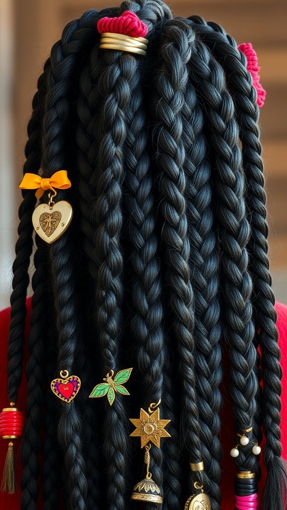 Knotless braids with colorful accessories including ribbons and charms.