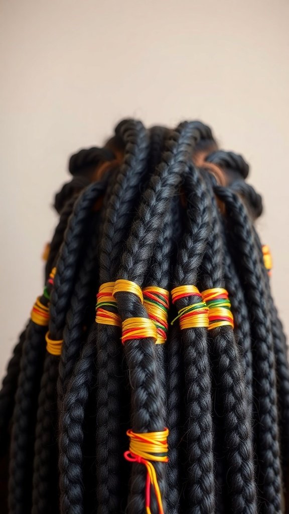 Close-up of knotless braids with colorful accessories
