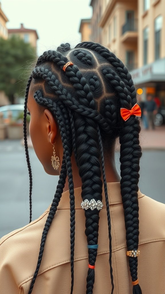 A close-up of a person with knotless braids styled with colorful accessories, showcasing a trendy hairstyle.