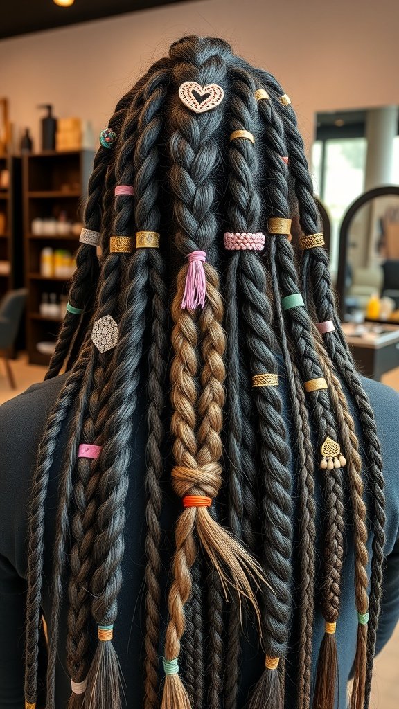 A person with knotless braids decorated with colorful accessories, showcasing various styles.