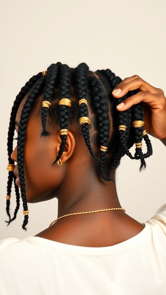 A woman showcasing knotless braids with gold accessories, highlighting a stylish hairstyle.