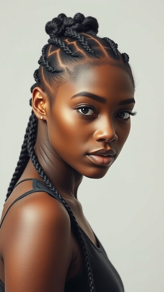 A woman with knotless braids styled in an edgy cut, showcasing a modern and sleek look.
