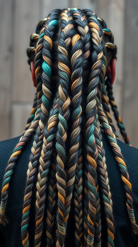 A close-up view of colorful knotless braids featuring a mix of black, brown, teal, and gold strands.