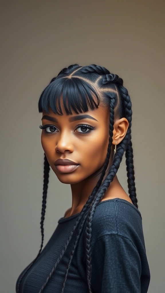 A woman with knotless braids and bangs, showcasing a stylish and trendy hairstyle.