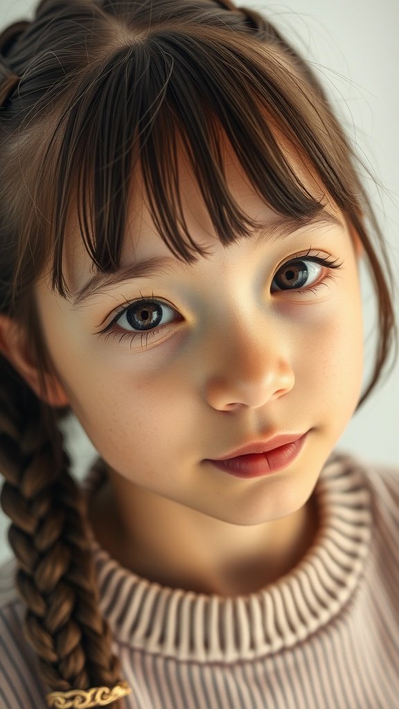 A young girl with knotless braids and bangs, showcasing a cute hairstyle.