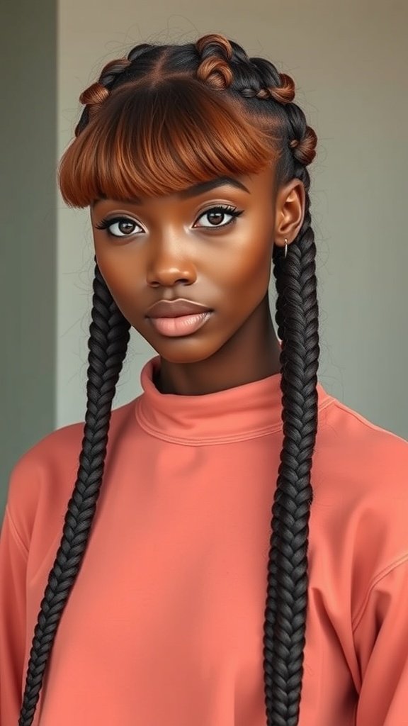 A model with long knotless braids and bangs, showcasing a stylish hairstyle.