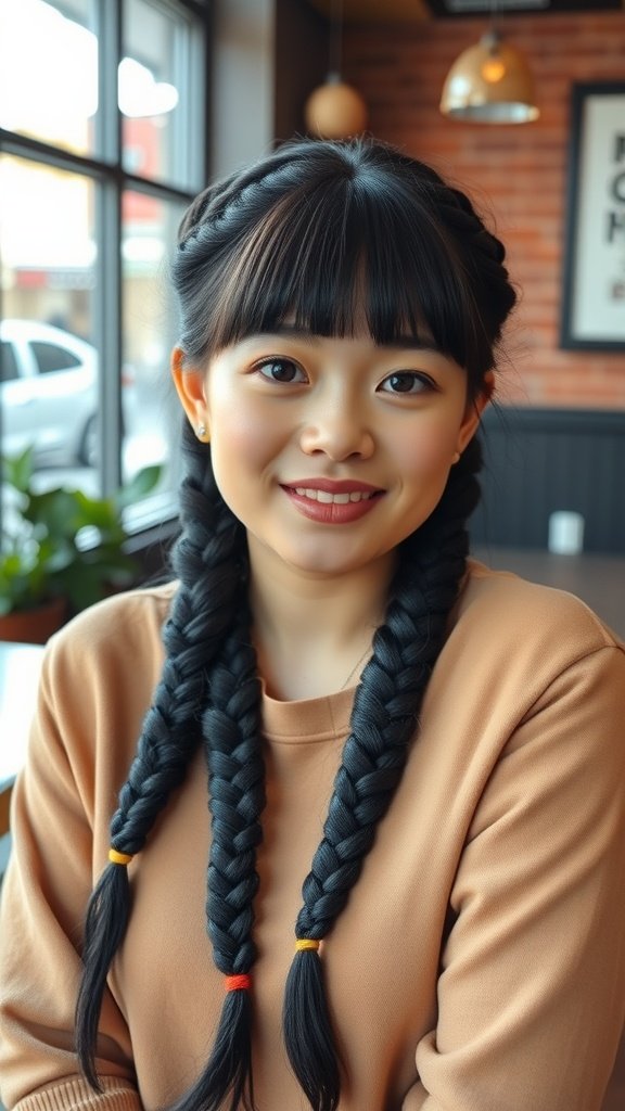 A young woman with two braided knotless braids and bangs, sitting in a cozy cafe.