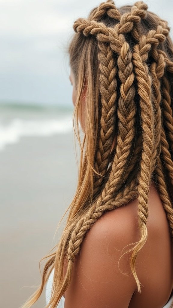 A woman with large knotless braids styled with beach waves, showcasing a relaxed and stylish look.
