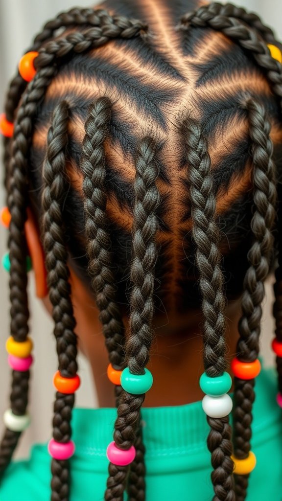 A close-up view of knotless braids with colorful beads, showcasing intricate patterns and styles.
