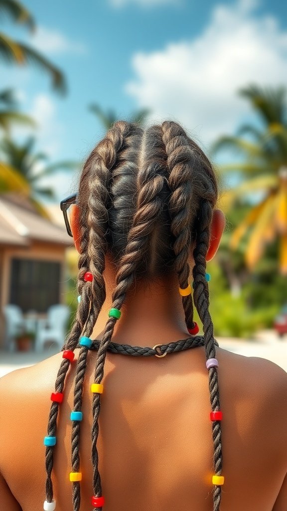 A person with knotless braids decorated with colorful beads, showcasing a stylish hairstyle.