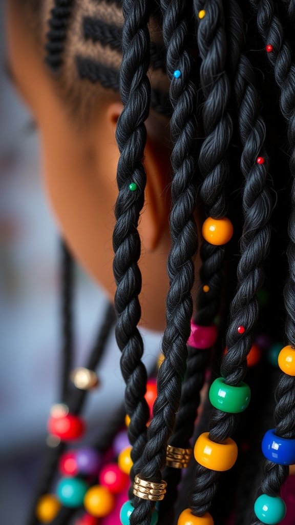 Close-up of long black knotless braids with colorful beads