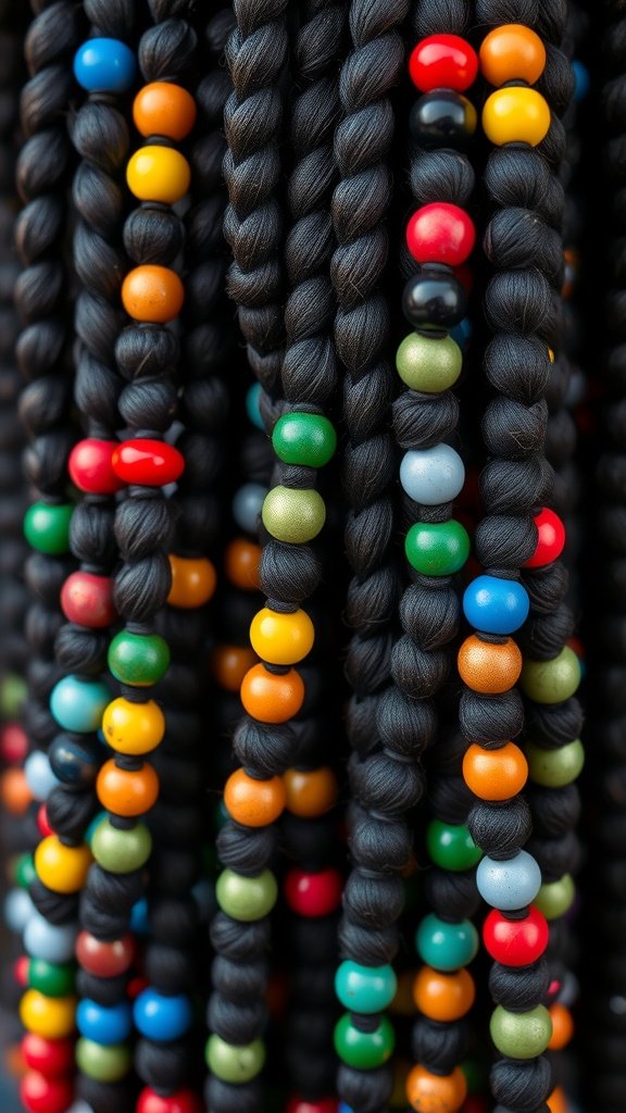 Close-up of small knotless braids with colorful beads