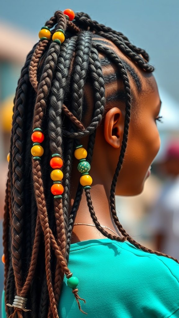 A close-up view of a person with knotless braids adorned with colorful beads.