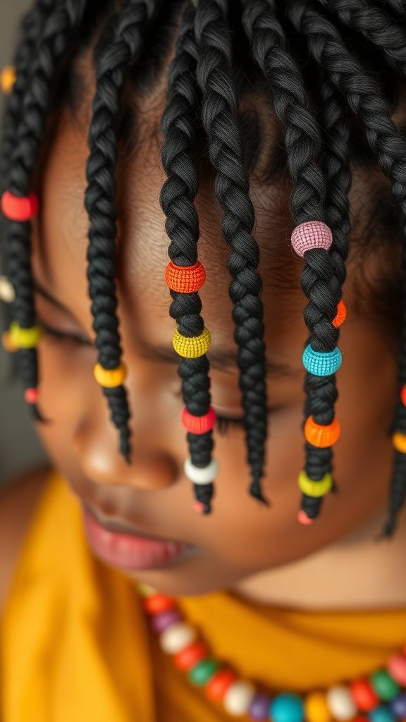 Short knotless braids with colorful beads