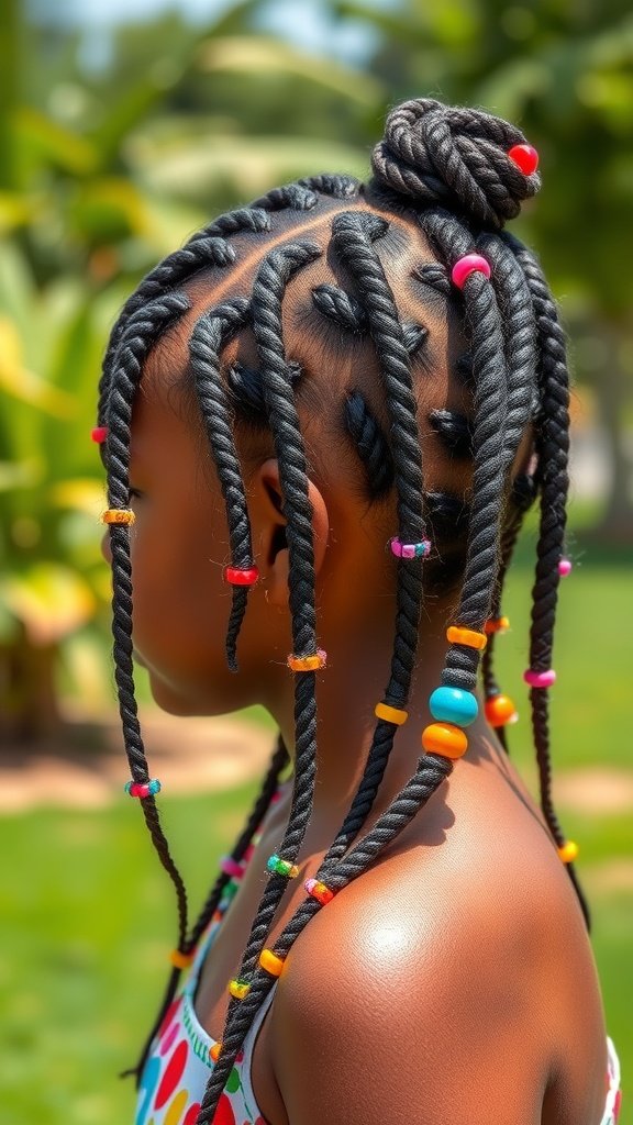 A child with knotless braids styled with colorful beads, showcasing a playful and vibrant hairstyle.