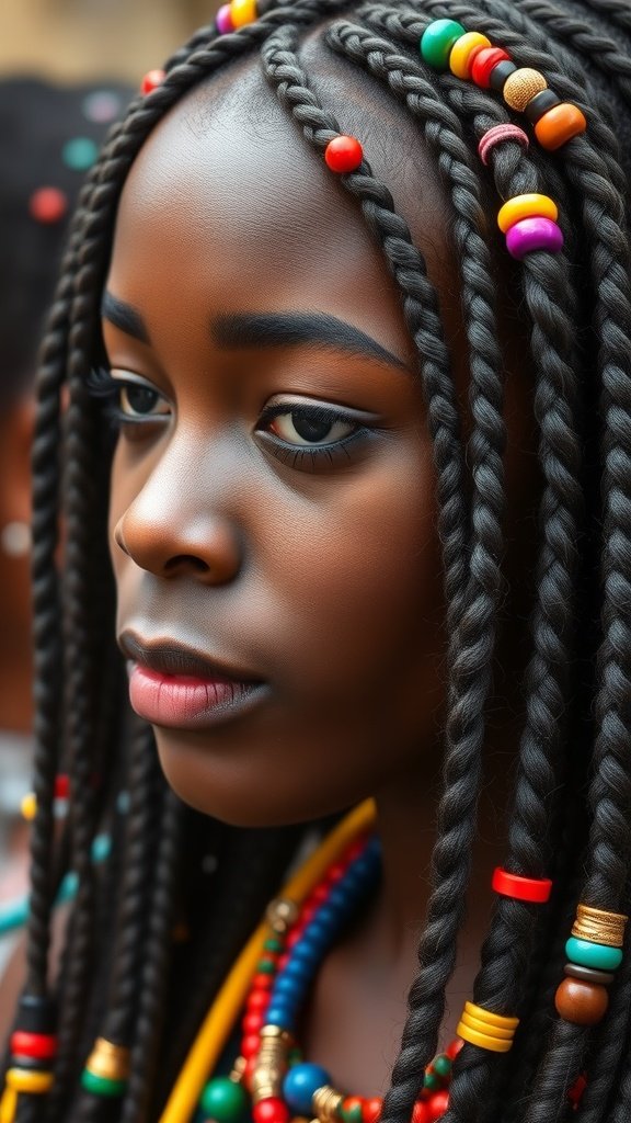 Close-up of a girl with knotless braids adorned with colorful beads