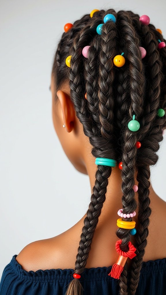 A close-up view of knotless braids adorned with colorful beads and charms.