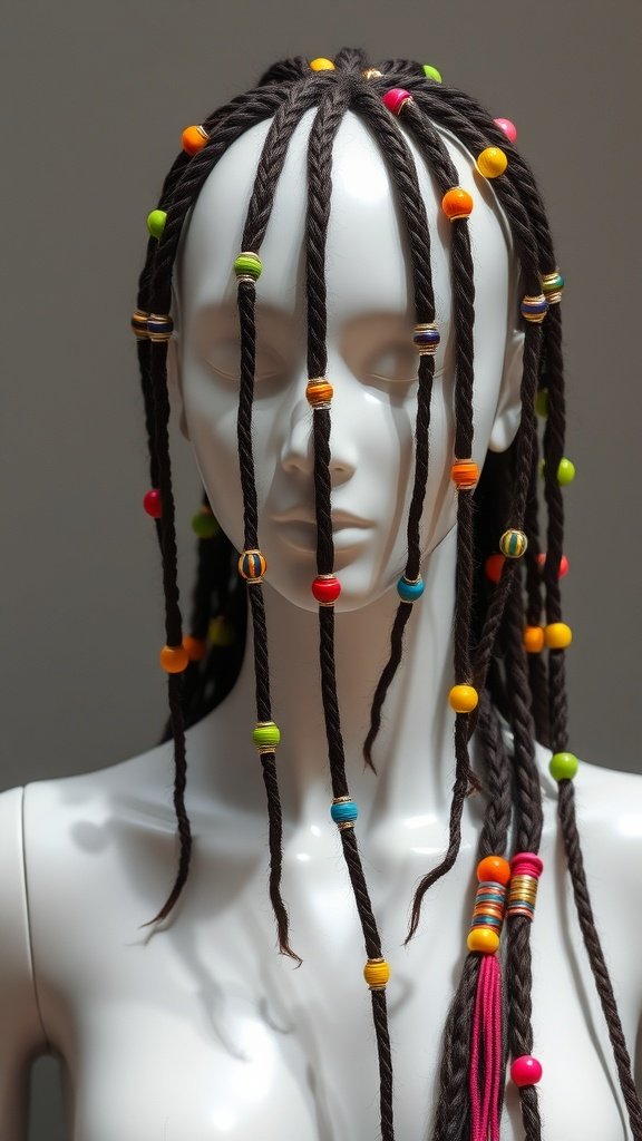 Mannequin with long dark knotless braids decorated with colorful beads.