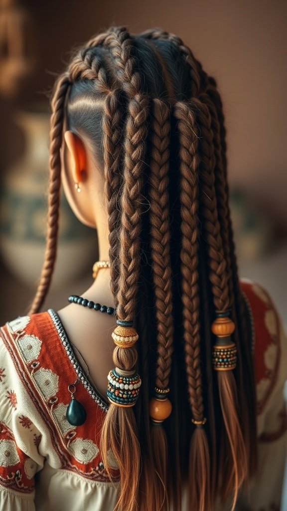 Knotless braids styled with colorful beads and cuffs